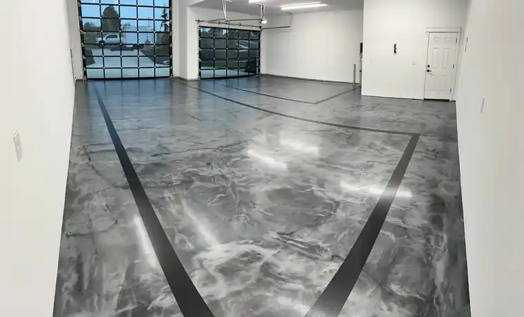 Silver metallic epoxy floor with black lines