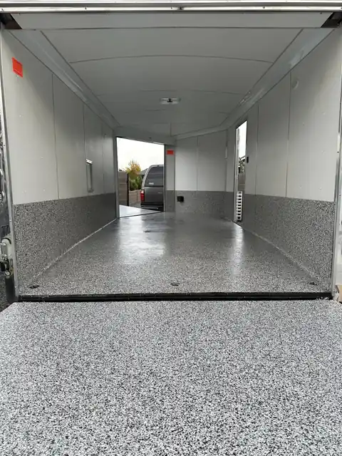 Flake epoxy floor inside an enclosed trailer